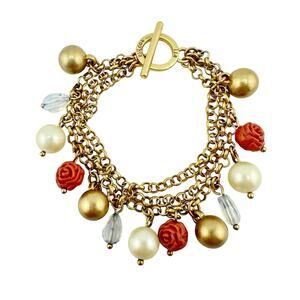 Lia Sophia Faux Pearl Rose Charm Gold Tone Romatic Beaded 6.25" Bracelet